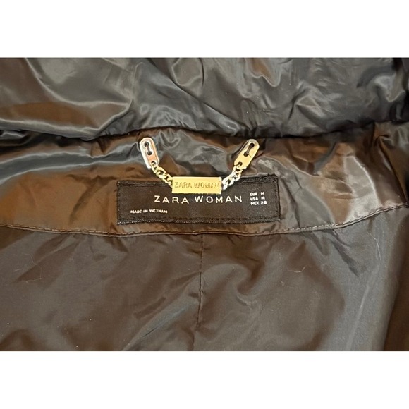 ZARA WOMAN Black Puffer Down/Feather Coat with Faux Fur Hood Zip Front Size S - Picture 4 of 14